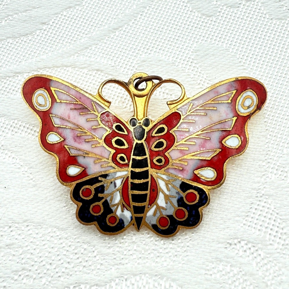 Vintage Black and Red Cloisonné Enamel Brass Butterfly Pin Brooch/Pendant